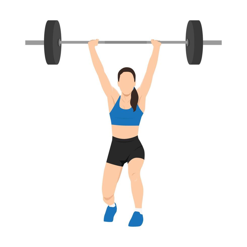 Man doing barbell over head and lunging while doing split jerk. vector