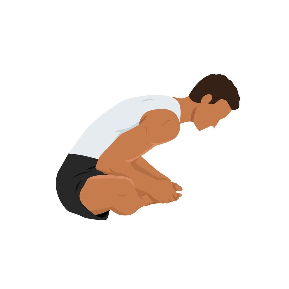Young man doing Bound angle pose Baddha Konasana exercise. vector