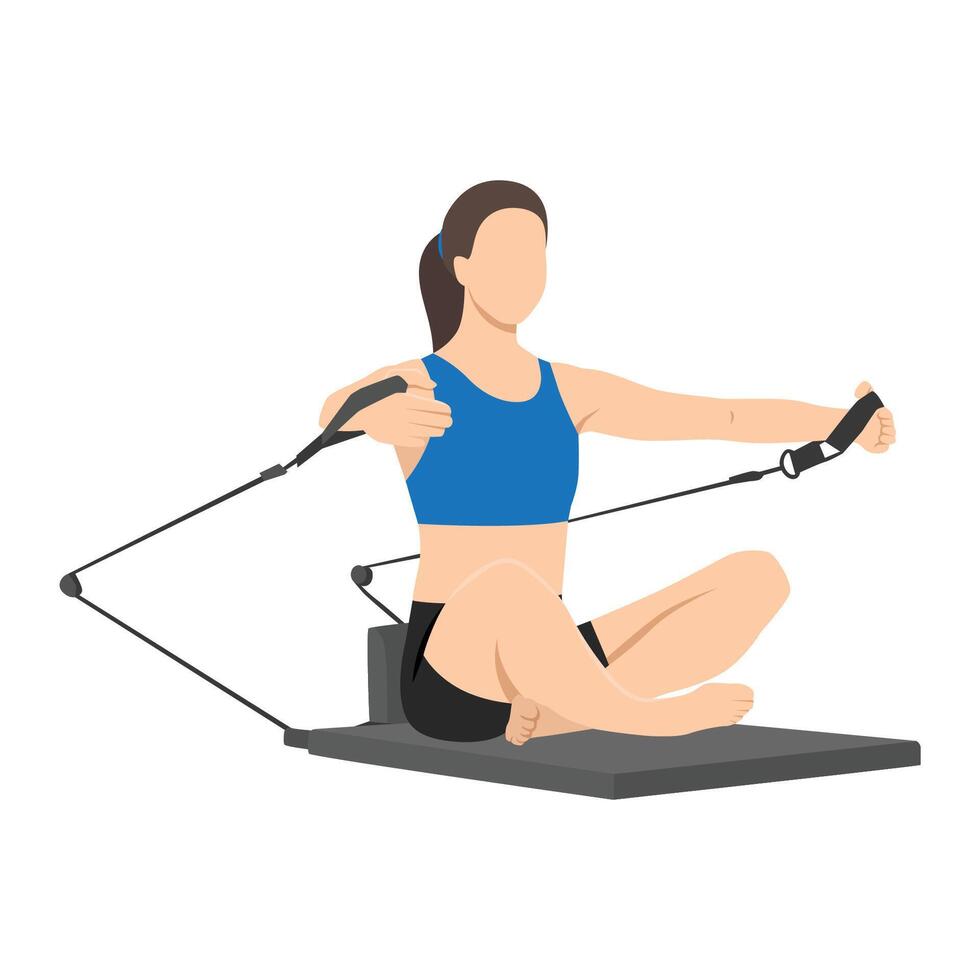 Woman doing Pilates workout on reformer machine. vector