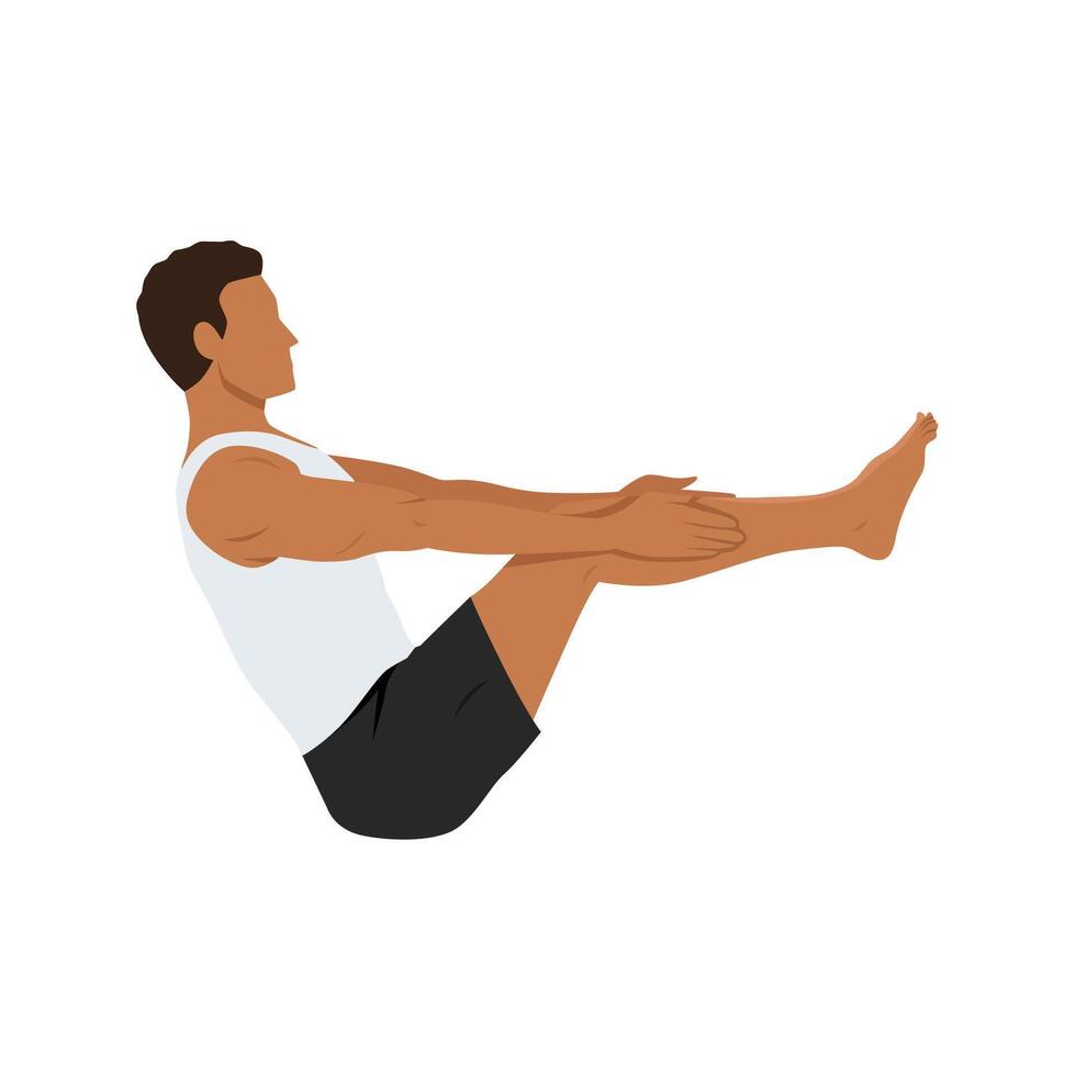 Young man doing half boat pose ardha navasana exercise. vector