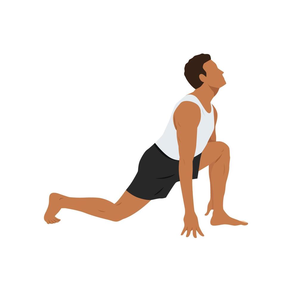 Young man doing equestrian or ashwa sanchalanasana exercise. vector