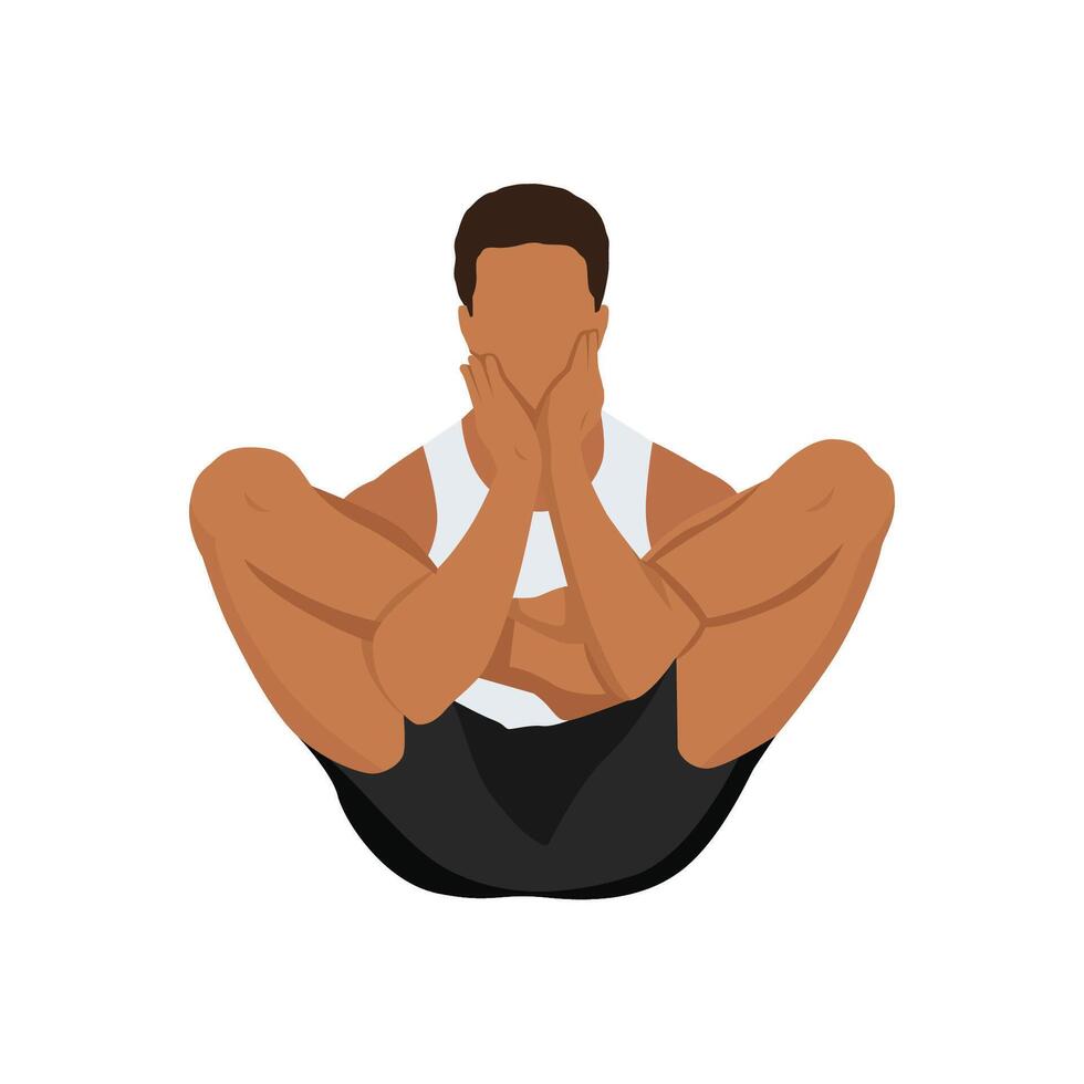 Young man doing embryo in the womb pose or garbha pindasana yoga exercise. vector