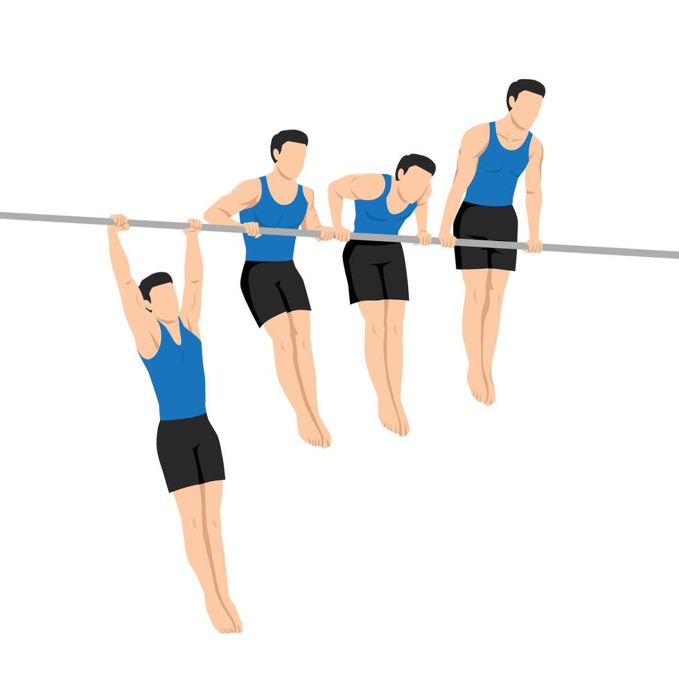 Man doing 4 steps of Muscle up on bar calisthenics movement. vector