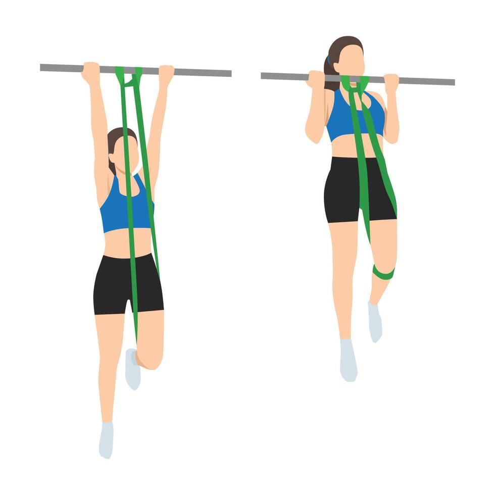 Woman doing chin up assistance with resistance band exercise. vector