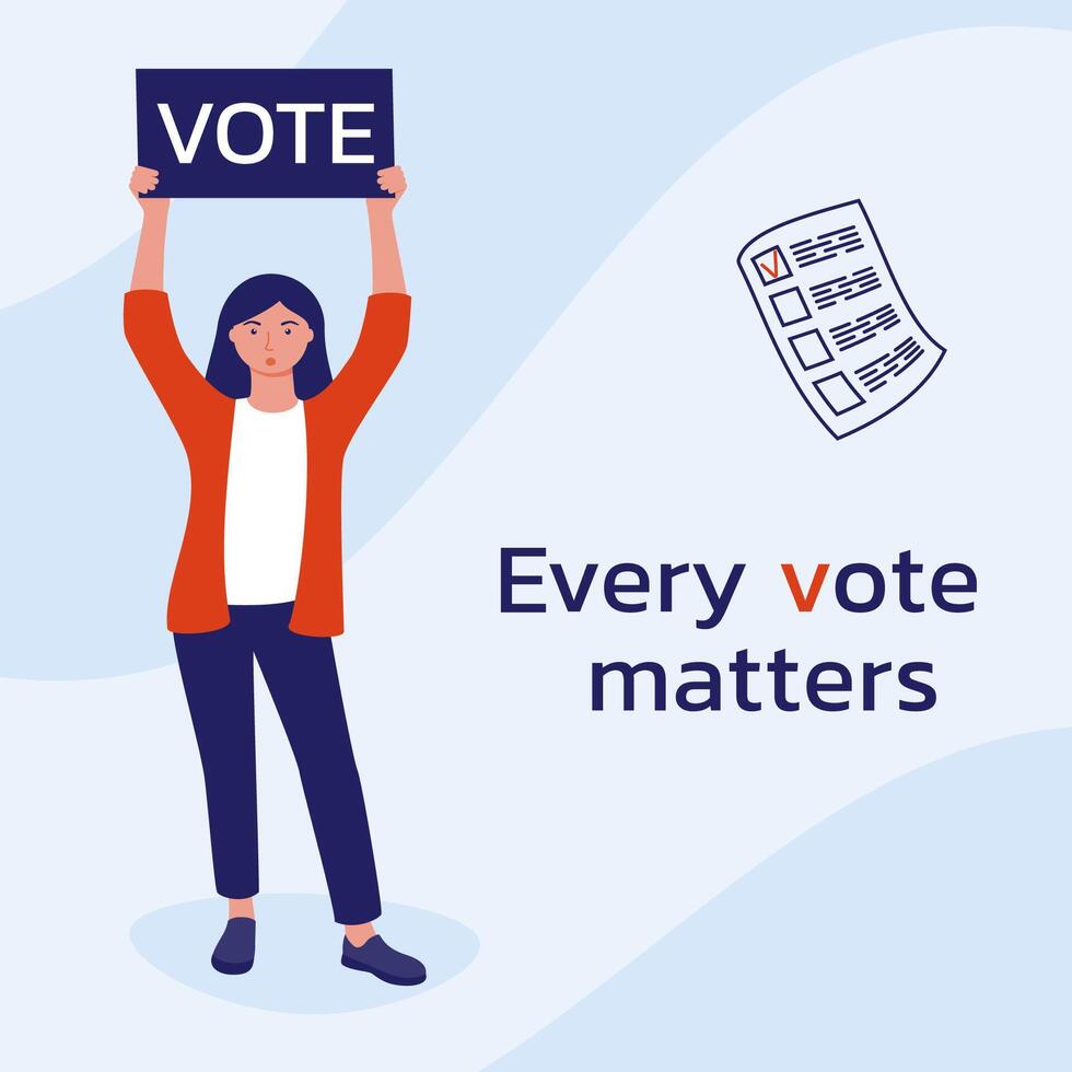 The girl is holding a poster with the inscription Vote. vector