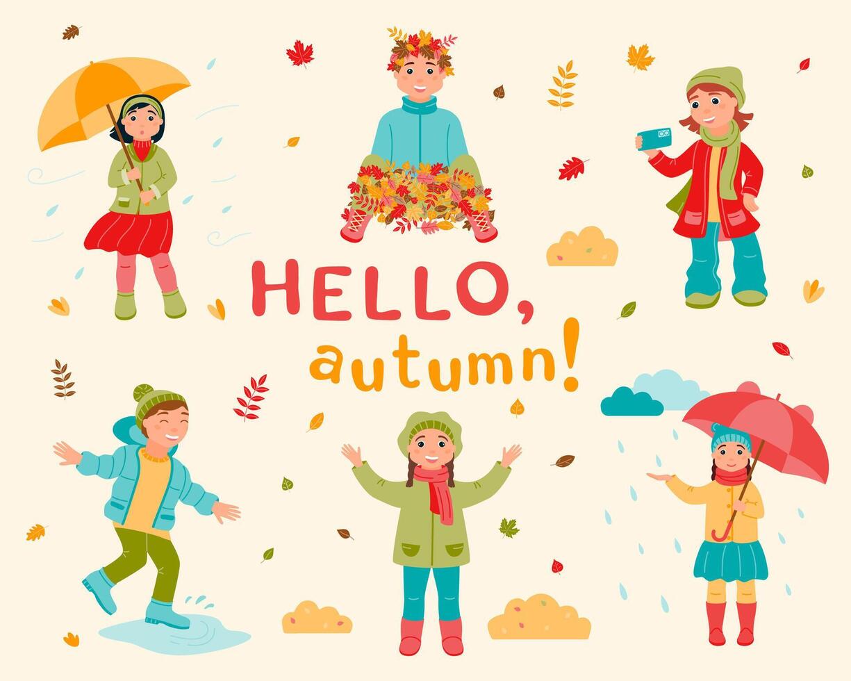 A set of children walking outside in autumn. Girls and boys are playing with falling leaves. vector