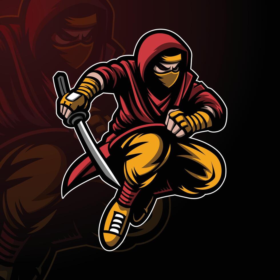 Ninja esport mascot logo design with sword and mask isolated on dark background vector