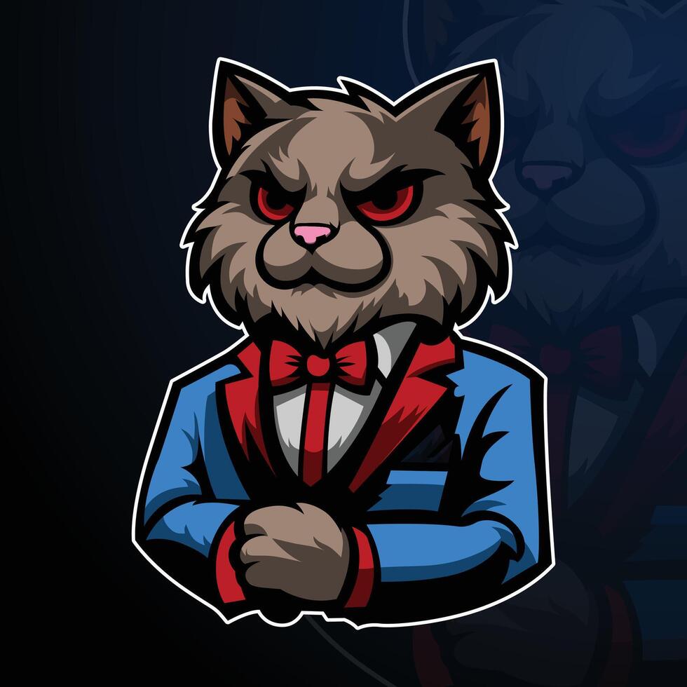Cat mascot esport logo design with illustration of a cat wearing a bow tie. vector