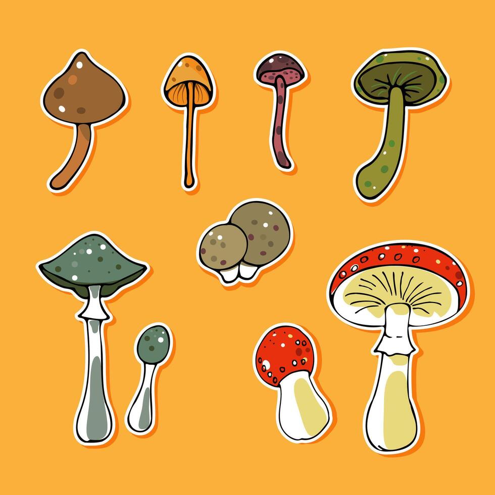 Set of stickers with cartoon magic mushrooms. Fantasy toadstools, hallucinogenic mushrooms, hand drawn and isolated on an orange background. vector