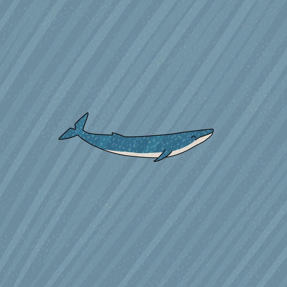 Blue whale is underwater with sun light or sun rays. Hand drawn cartoon childish illustration on the blue background. Polar animal in Antarctica with textures vector
