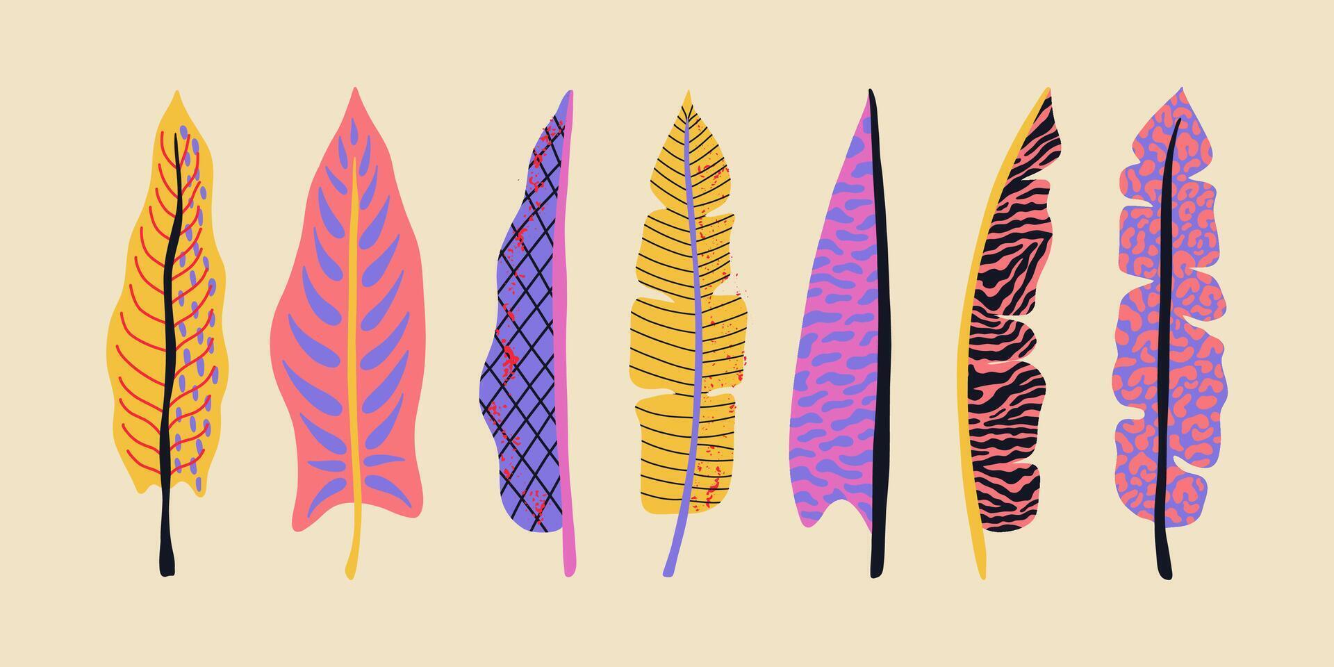 Collection groovy tropical leaves. Hawaiian palm and banana leaves. Texture tiger, zebra, leopard. Botanical elements vector