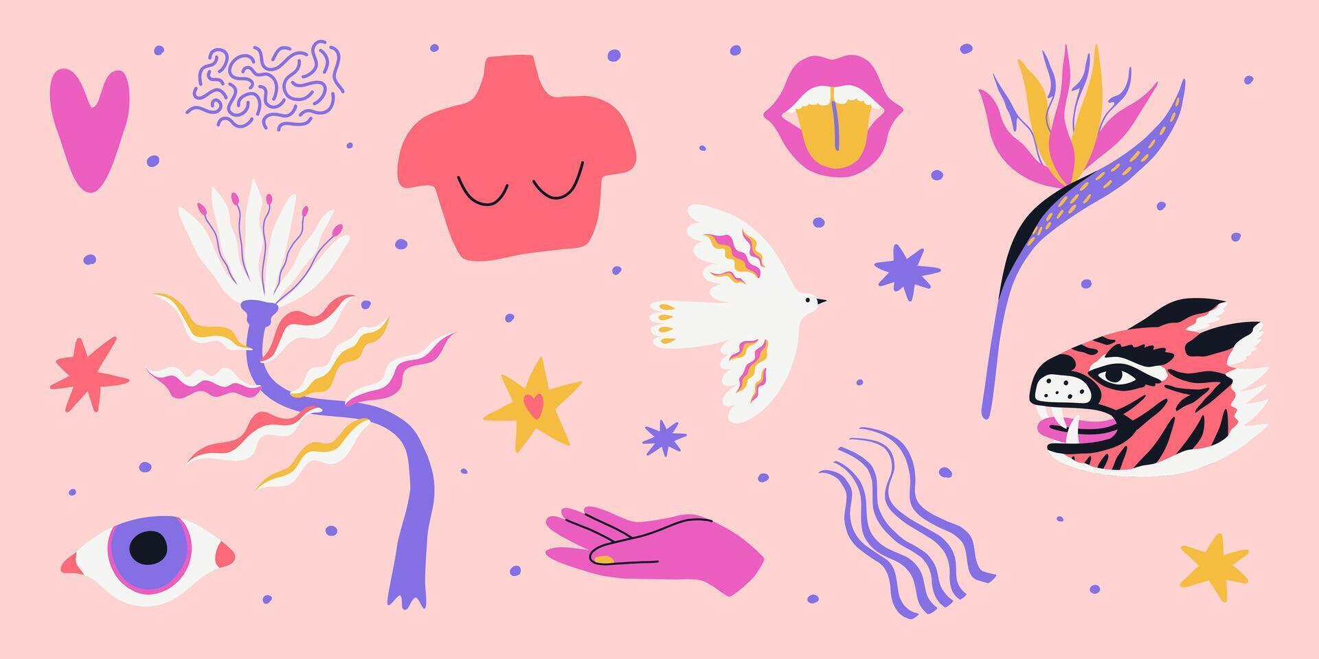 Set of trendy exotic flowers, shapes and abstract elements. Summer groovy collection with tiger, flowers, eye, lips. illustration for stickers, posters, tattoos vector