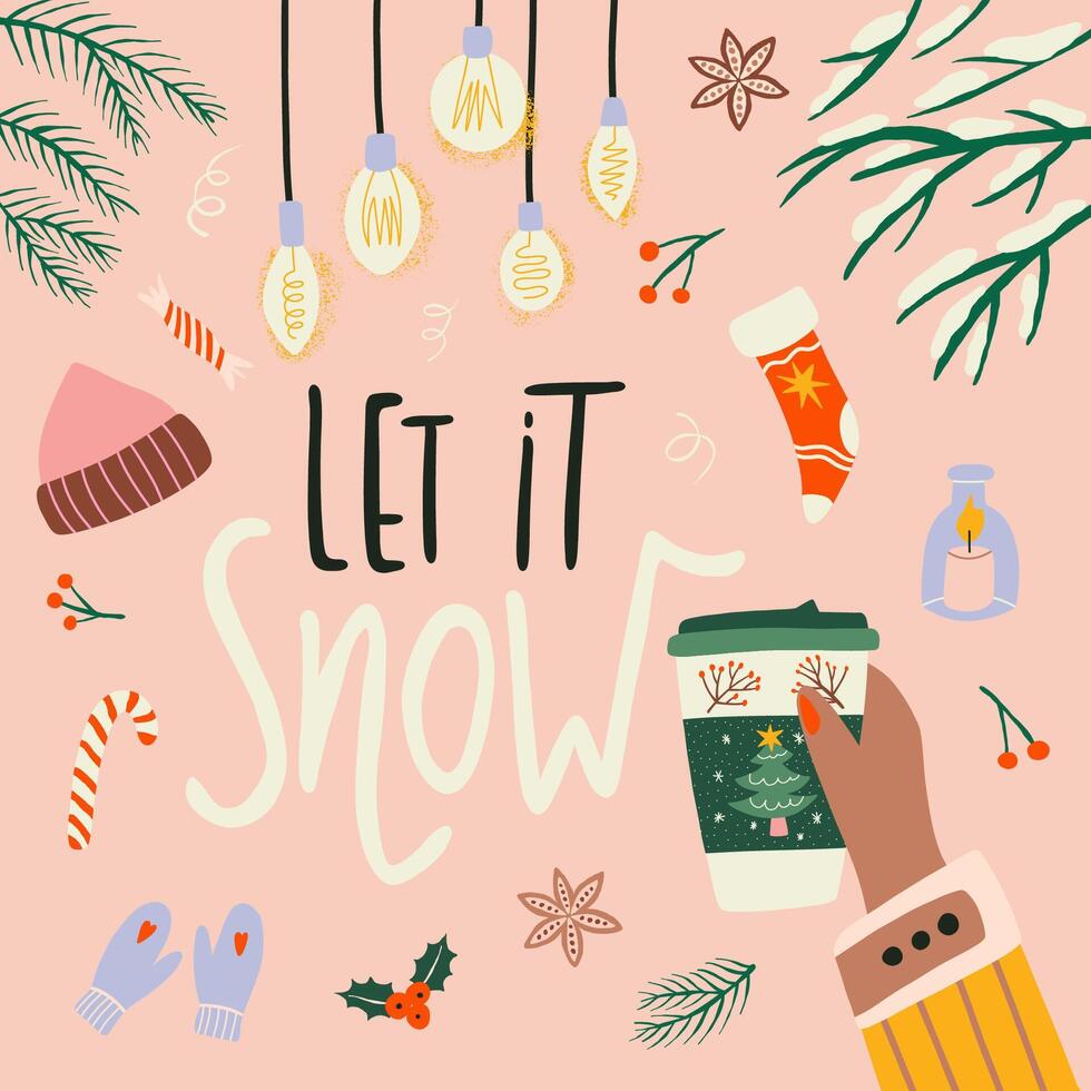 Cute Christmas card. Hand with the Cup of coffee. vector
