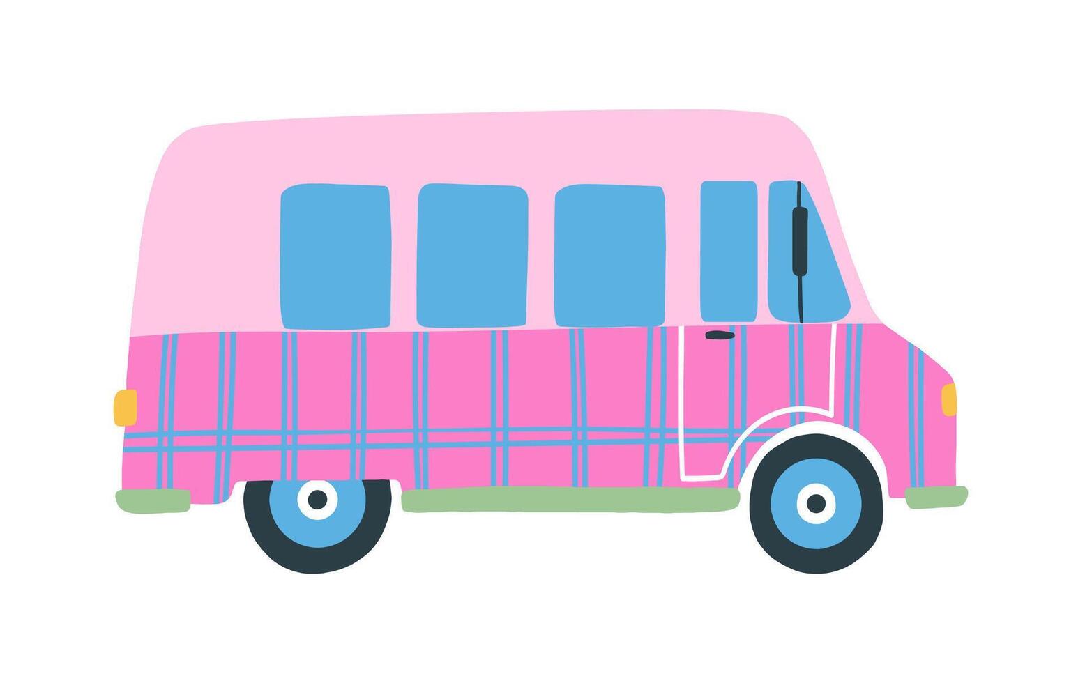 Cartoon pink van for doll. Caravan isolated on white background. .Summer vintage illustration vector