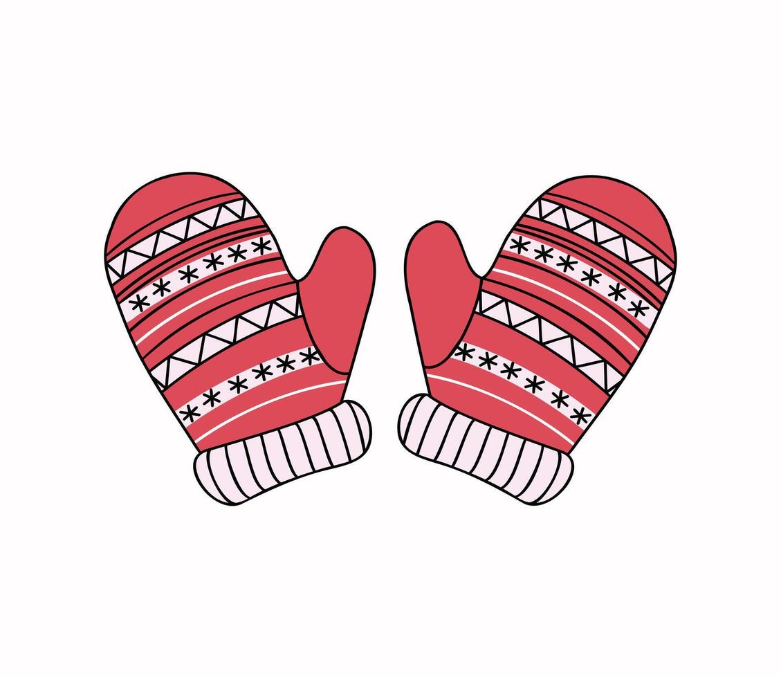 Knitted mittens. Christmas ornament. Warm cozy knitted clothes. Handicraft, handmade. Autumn, winter season. Illustration on isolated background. vector