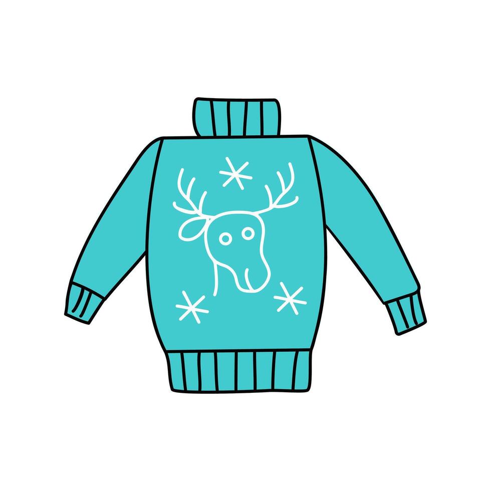 Warm clothes, knitted sweater. Christmas ornament. Handicrafts, handmade. Cozy winter knitted sweater with a deer and snowflakes. Isolated on a white background. vector