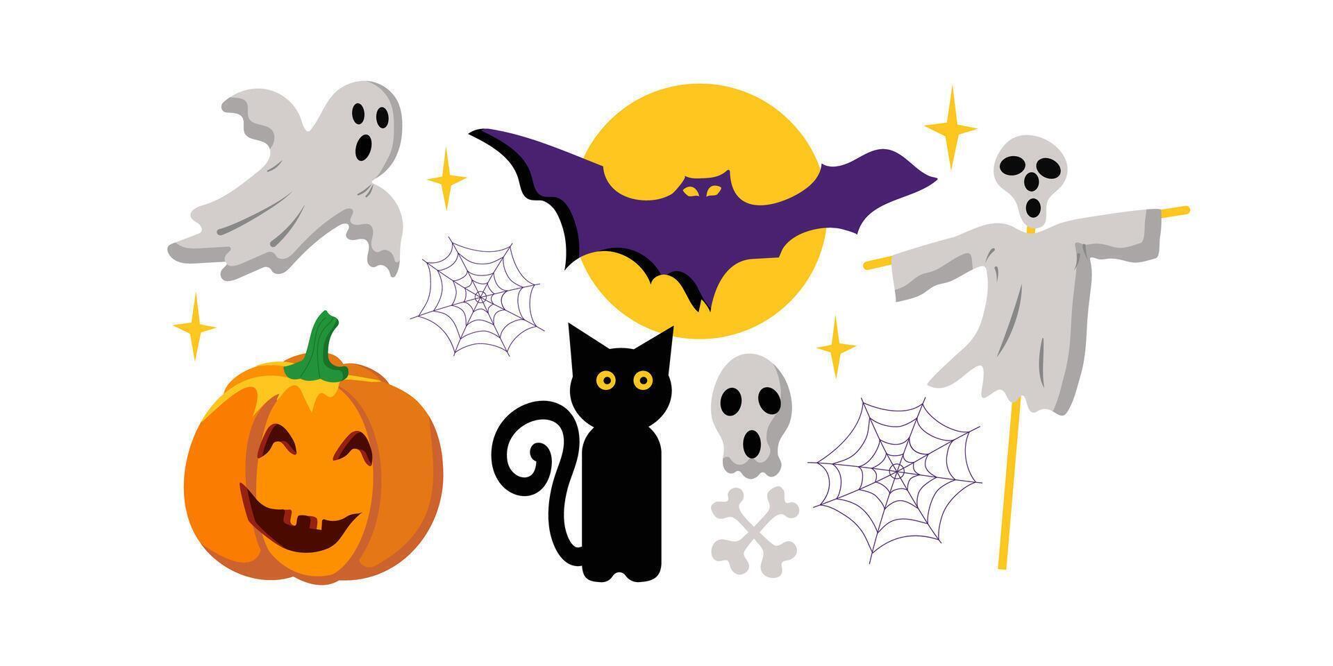 Festive funny halloween icons. Bat, ghost, skeleton, bones, pumpkin, Spider web and black cat, stars and moon. vector