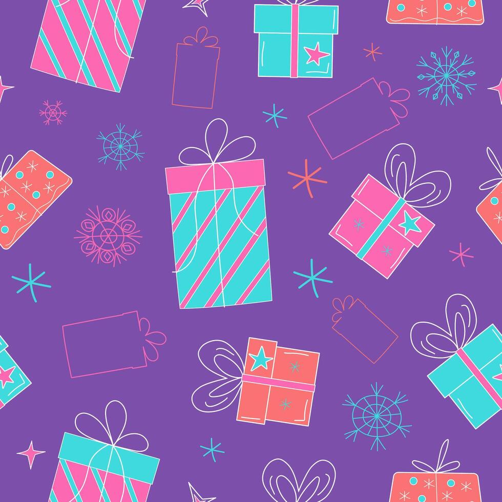 Christmas, New Year gifts seamless pattern. Boxes with gifts and, snowflakes and stars. Graphic resource for holiday packaging design. Icons on isolated background. vector