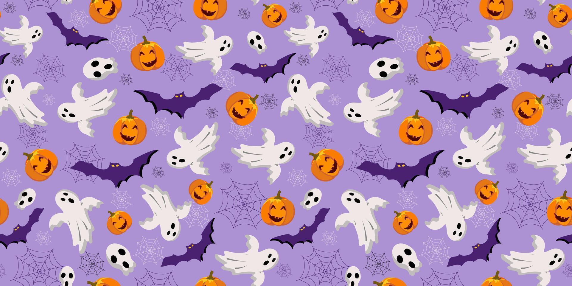 Festive funny halloween icons. Seamless pattern. Bat, spider web, ghost, skull, bones, pumpkin. Wallpaper, packaging deco, textile. vector