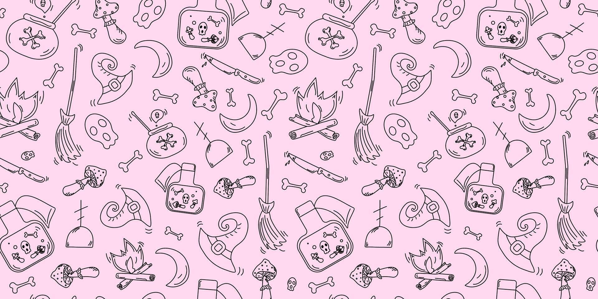 Halloween seamless pattern. Hand drawn icons set. Color background. Holiday icons and attributes. Drawing, doodle. vector