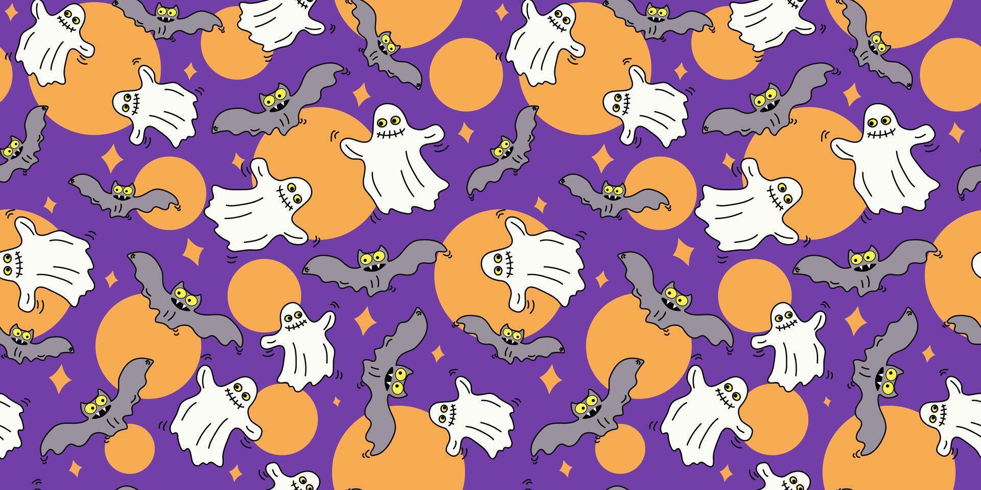 Halloween holiday. Continuous pattern. Bat, moon, stars, scary ghost. Hand drawn icons, doodles. Seamless background. vector