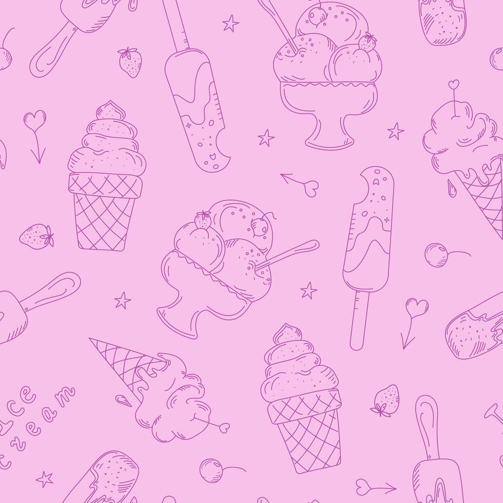Ice Cream Pattern, food drawings. Set of icons and lettering. Seamless pattern. Doodle style illustration, line drawing. Wallpaper decor. vector