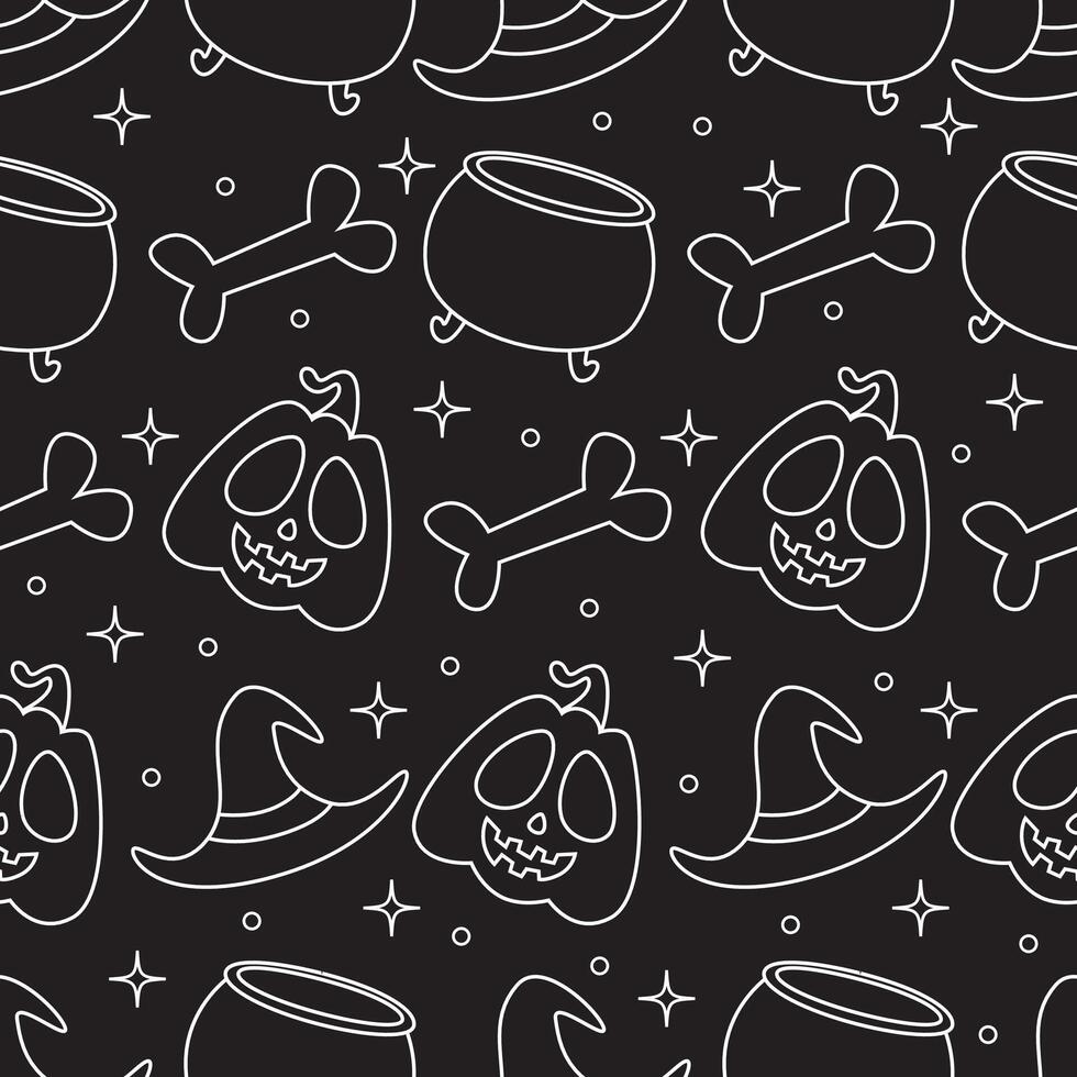 White line Halloween seamless pattern on black background vector