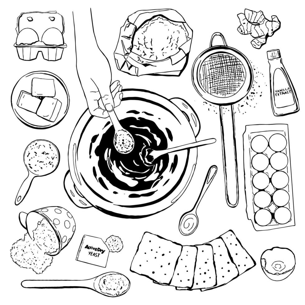 Cooking Recipe Elements Set for Cookie Making. Black Outline Illustration vector