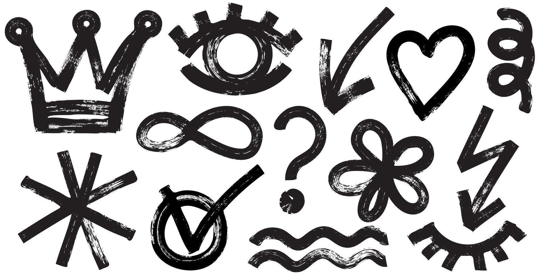 Collection of black charcoal graffiti various geometric shapes. Bold marker brush drawn curved doodle elements for templates and collages. Punk and grunge style vector