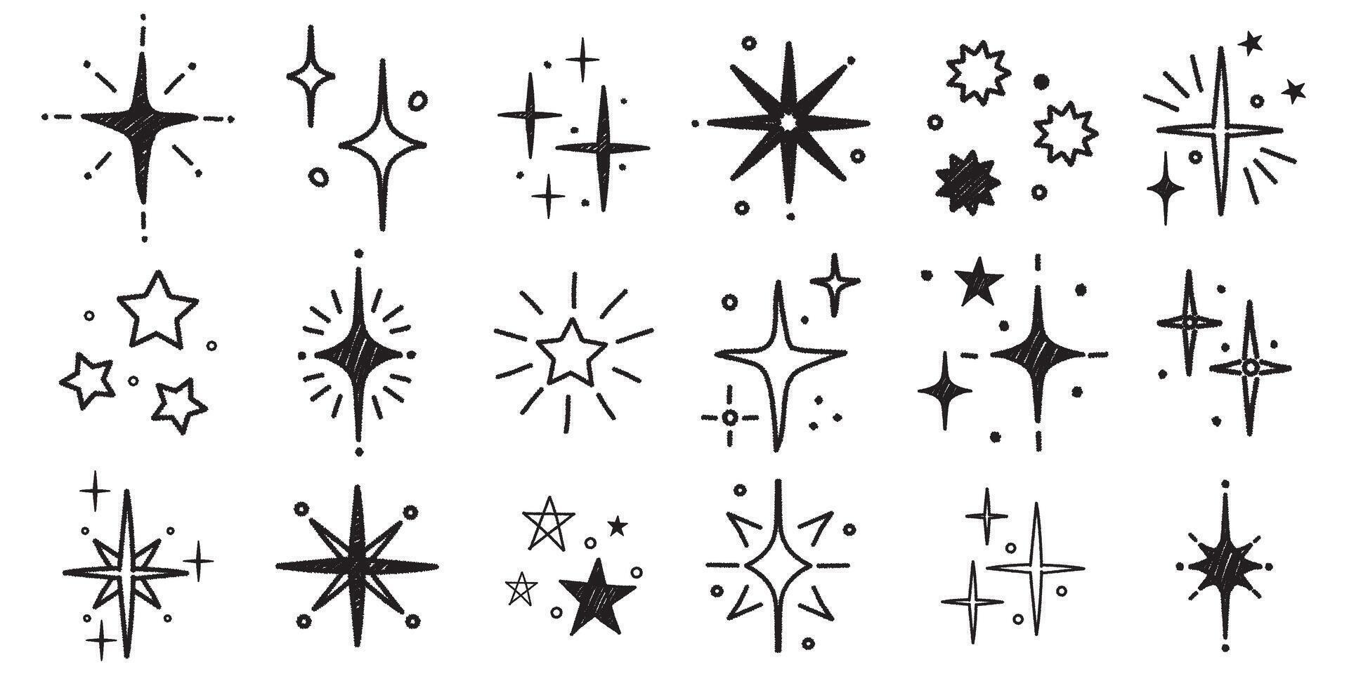 Hand drawn star sparkle shine of doodle set. Charcoal pen drawn star shine glow, spark glitter, sparkle light. chalk graphic elements vector