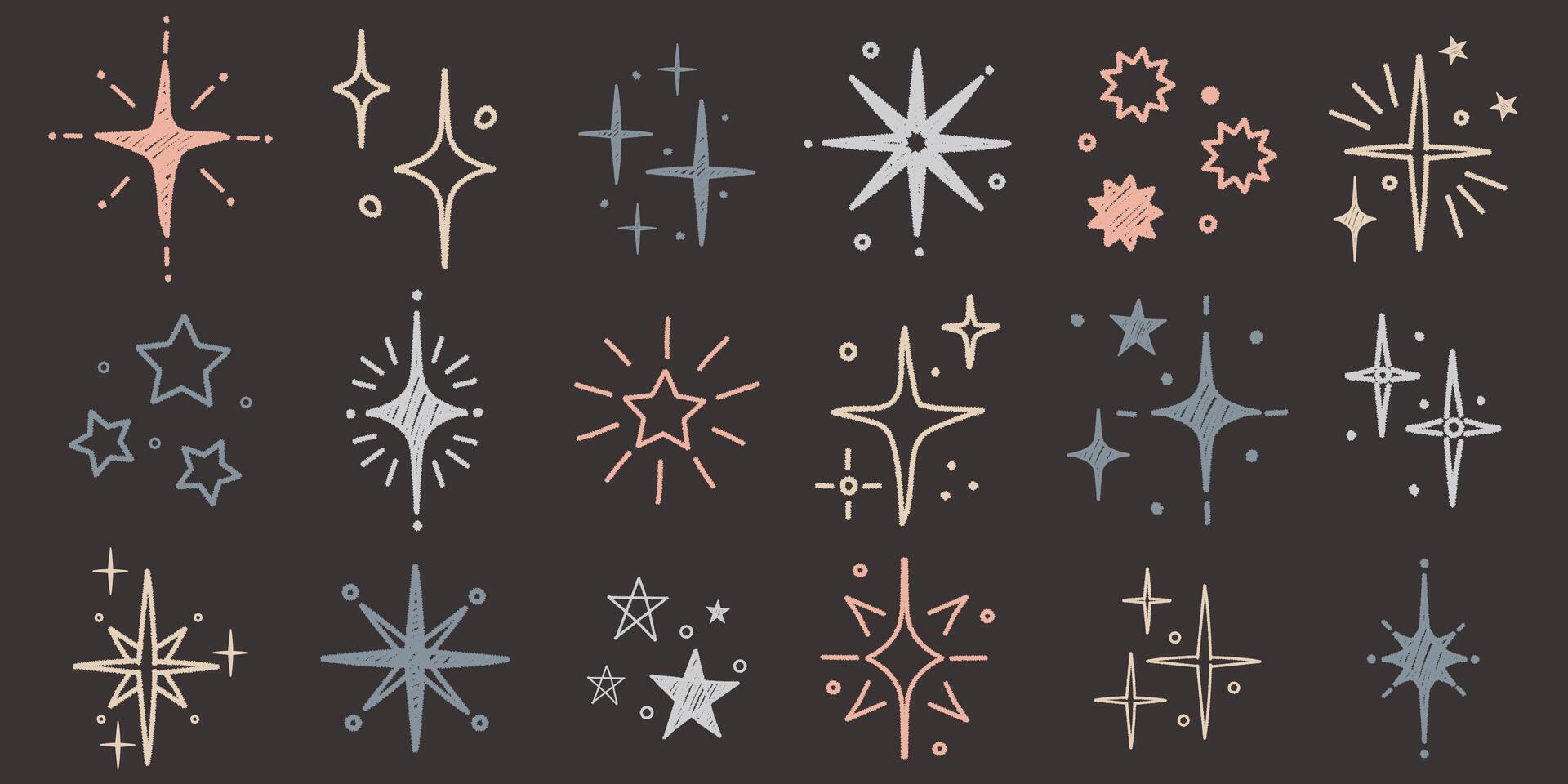 Hand drawn star sparkle shine of doodle set. Charcoal pen drawn star shine glow, spark glitter, sparkle light. chalk graphic elements vector
