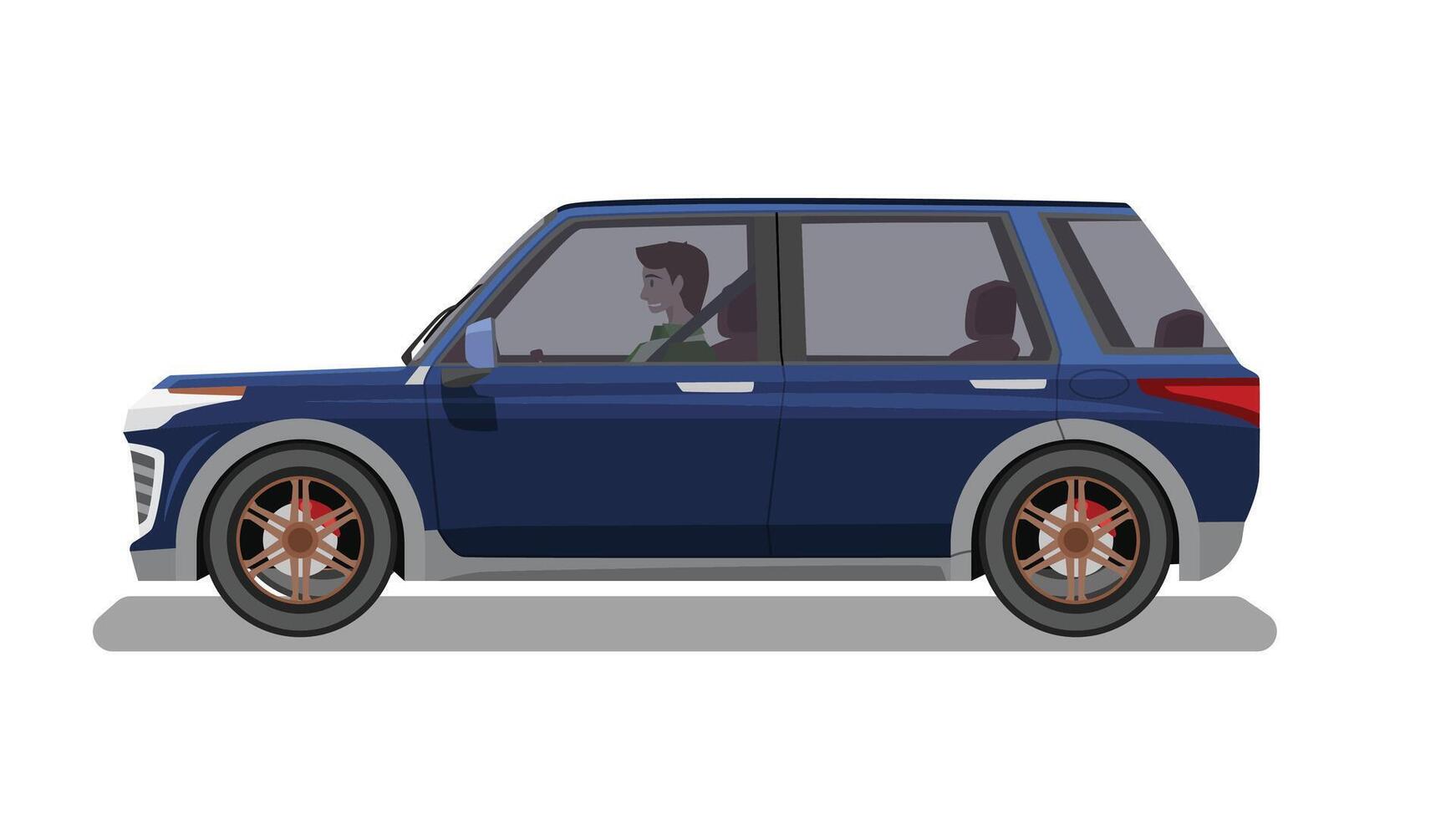 or llustration of detailed side of flat SUV car with driving man. Cartoon car blue color. Shadow of car on isolated white background. vector