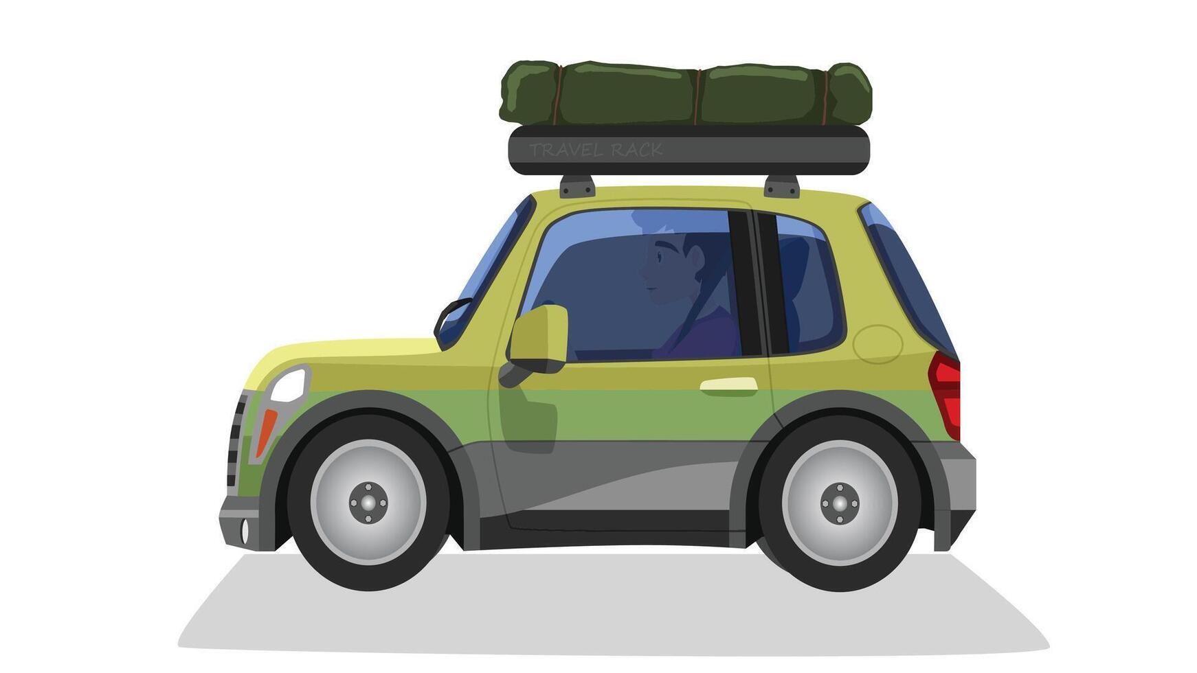 Cartoon or illustration of traveller car red mix green color. top of car with rack and green bag. With driving man inside car. Isolated white background. vector