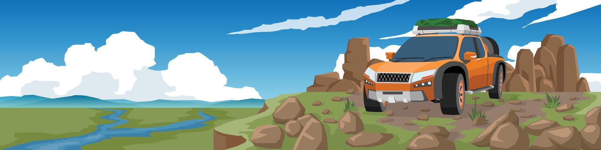 Landscape view with off road car. Cars parked on a high cliff. Large rocks and gravel road hills. Ground below is a vast grassland with a river flowing through it. Mountain under blue sky and clouds. vector