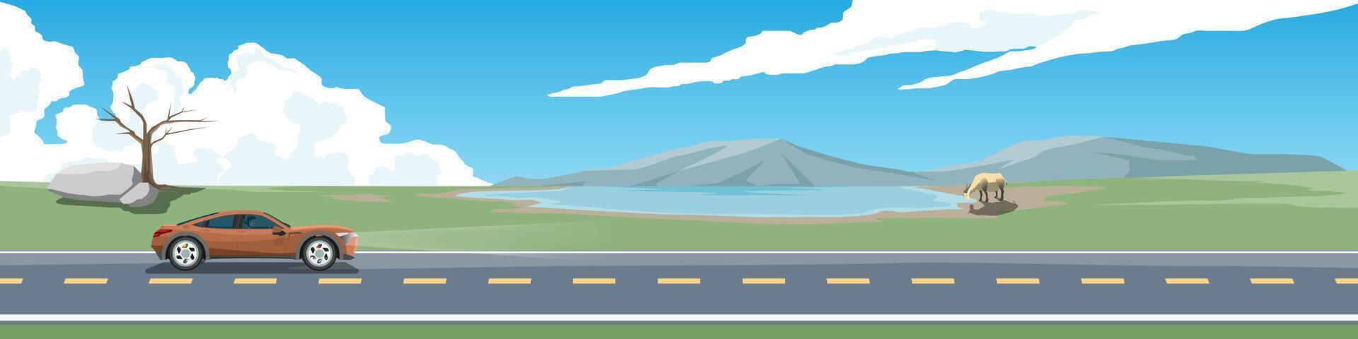 Travels of sedan sport car with driving for banner. Asphalt road near the meadow with green grass and river with Buffalo drinking water. Mountain under blue sky and clouds. Copy Space Flat . vector