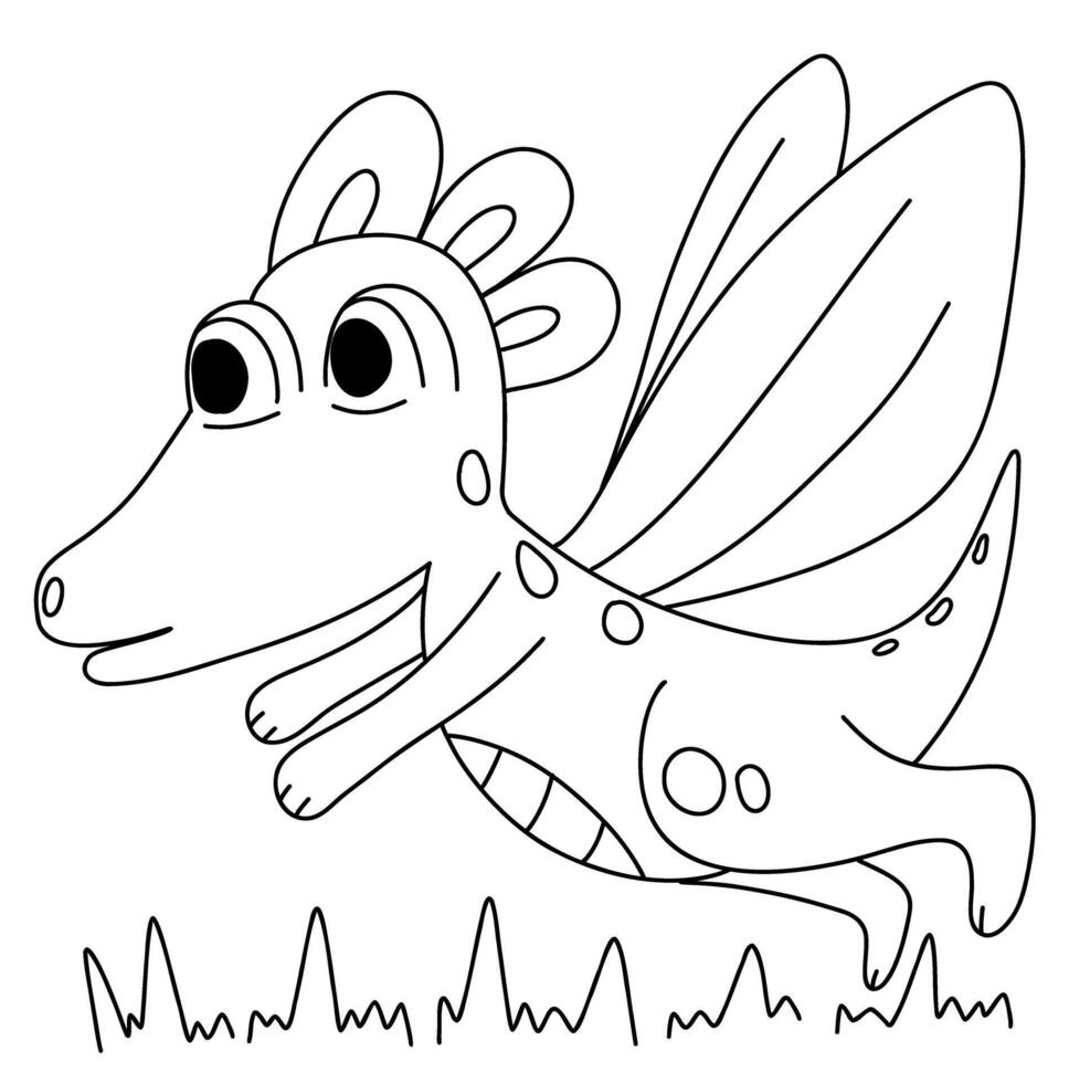 Coloring book page with little flying dinosaur in outline style vector