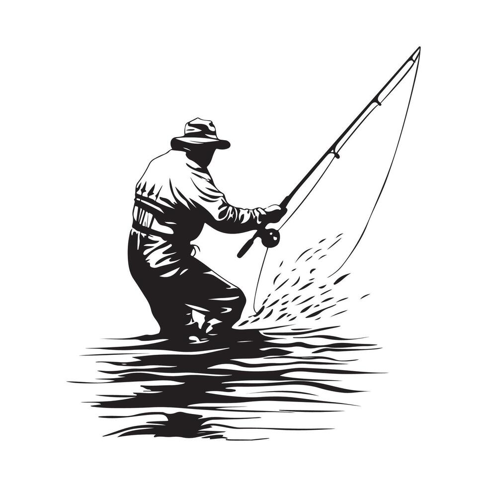 Fisherman on the river illustration. Black silhouette of a fisherman stock image vector
