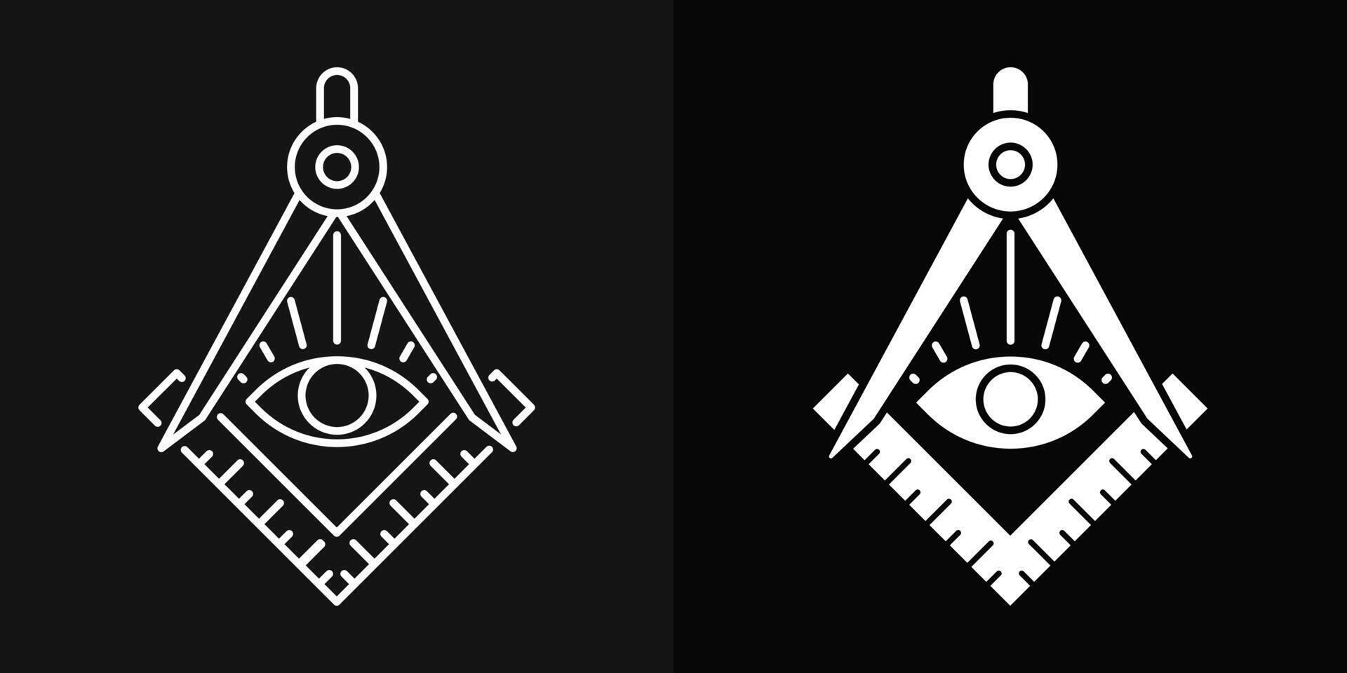 Illuminati logo on black background. White line masonic third eye icon. All-seeing eye inside triangle divider and pyramid illustration. Eye of providence sign. Conspiracy theory concept. vector