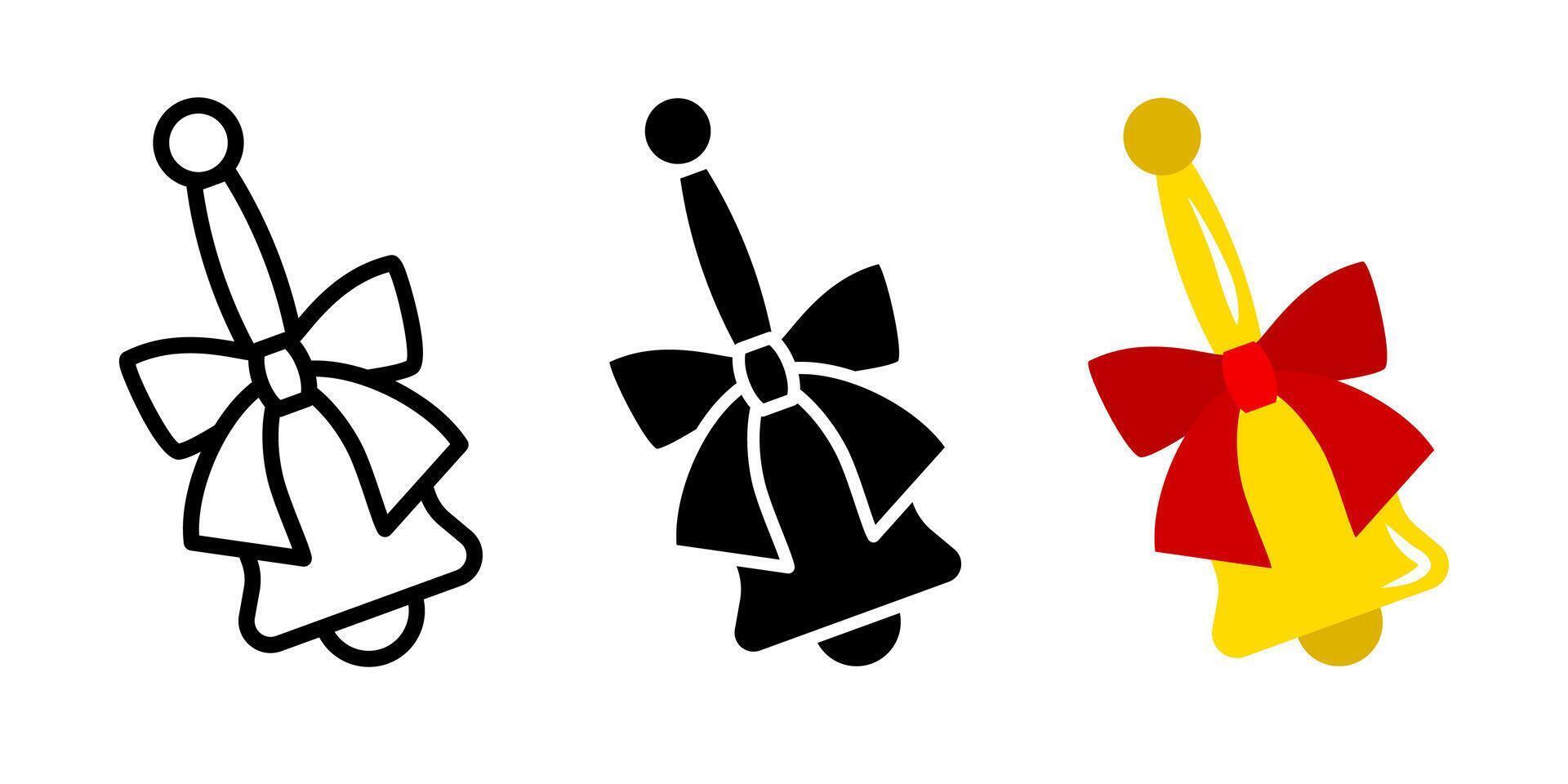 Hand bell with bow icon. Gold bell with handle and red ribbon illustration. The beginning of the school year symbol. The last call sign. September study concept. Christmas jingle pictogram. vector
