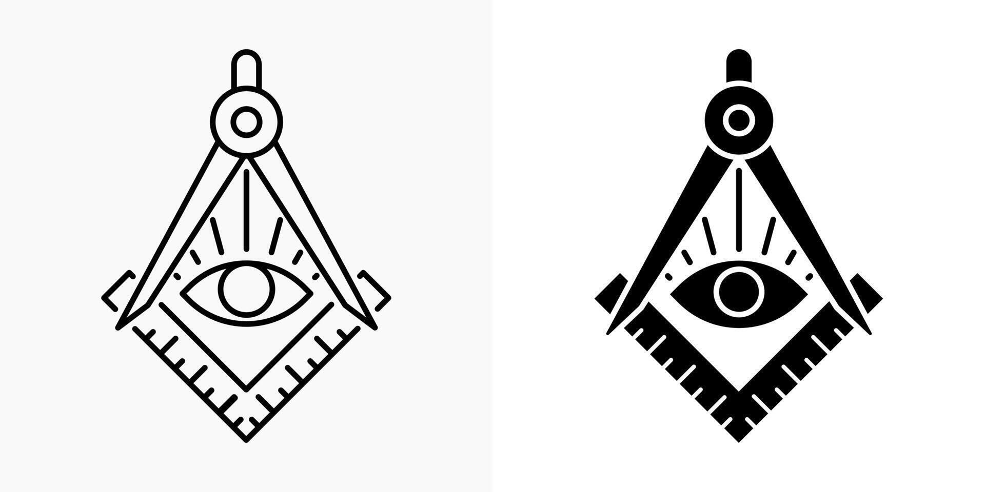 Illuminati icon. Masonic third eye logo. All-seeing eye inside triangle divider and ruler pyramid illustration. Conspiracy theory. Eye of providence sign. Freemason new world order icon. vector