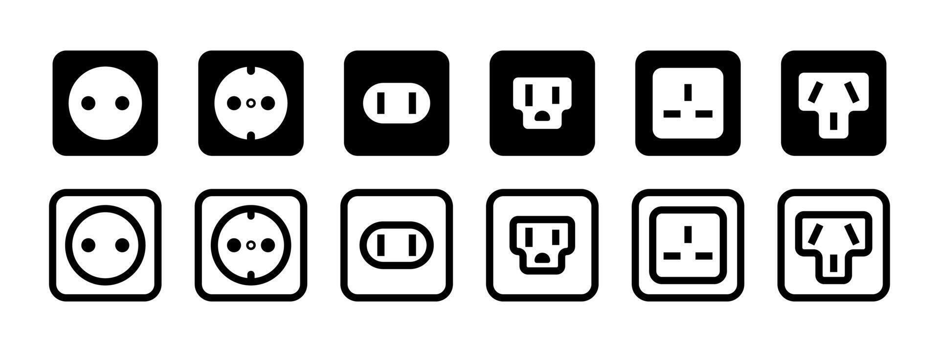 Socket types icon set. Rosette illustration. Plug types collection. Electrical power symbol. Electric plug sign. American socket type pictogram. European outlet rosette concept. vector