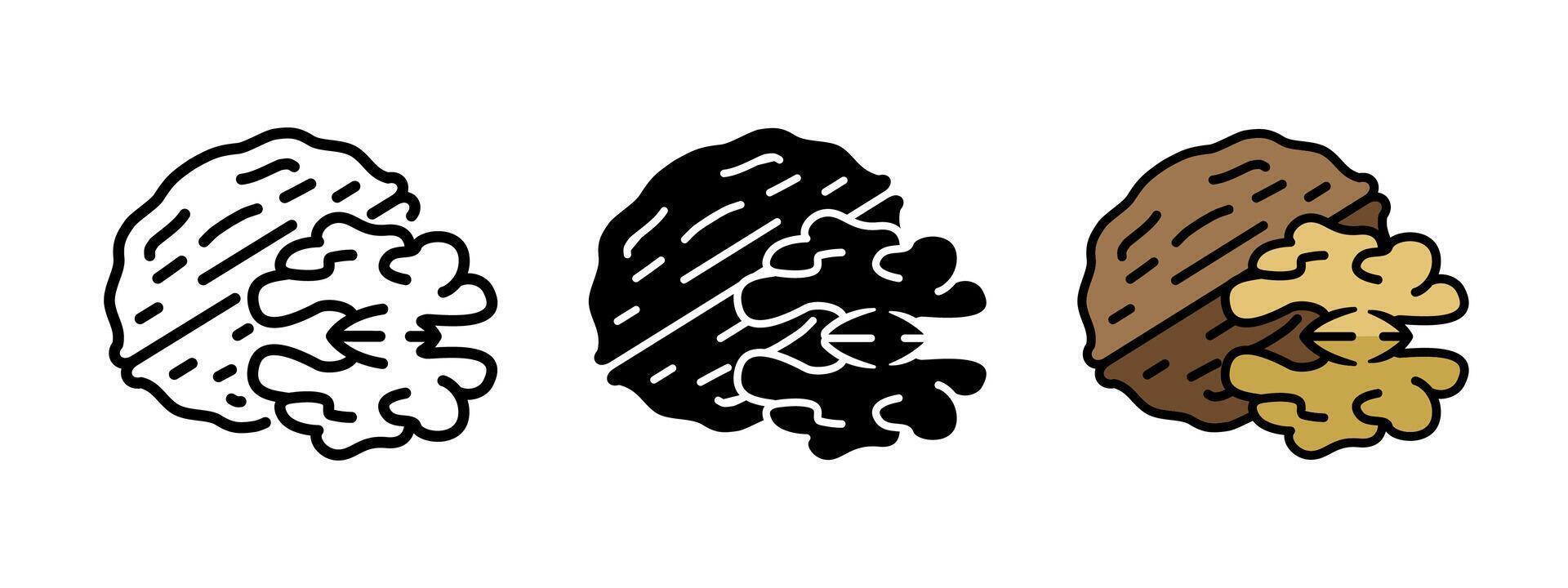 Walnut icon. Walnut seed illustration. Raw nutshell with kernel symbol. Brown nut fruit snack sign. Healthy nourishment pictogram. Rich source of protein concept. Organic food icon. vector