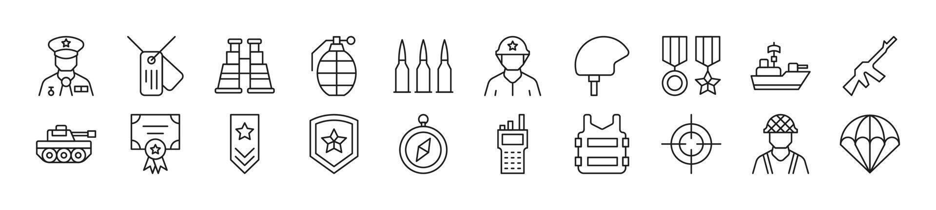 Set of thin line icons of army. Editable stroke. Simple linear illustration for web sites, newspapers, articles book vector