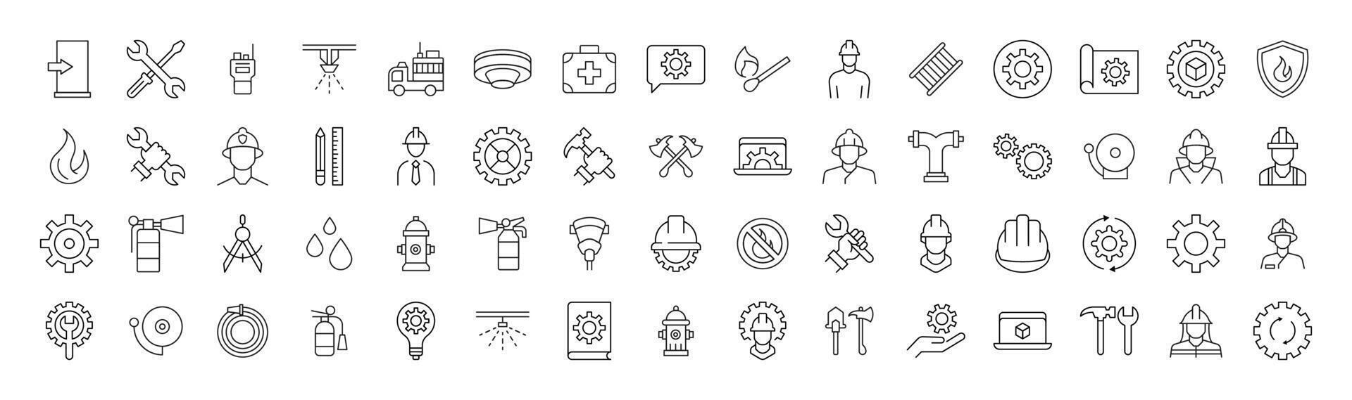 Line Signs of firefighter, engineer, builder for Adverts. Suitable for books, stores, shops. Editable stroke in minimalistic outline style. Symbol for design vector