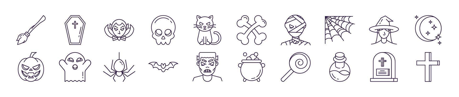 Collection of Line Icons of Halloween for Adverts. Suitable for books, stores, shops. Editable stroke in minimalistic outline style. Symbol for design vector