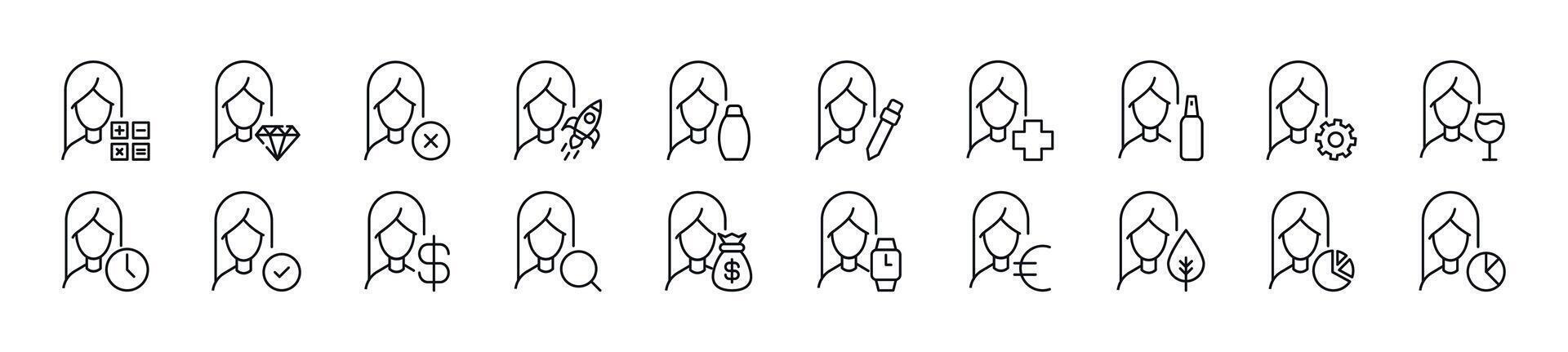 Collection of thin line icons of female user by items. Editable stroke. Simple linear illustration for web sites, newspapers, articles book vector