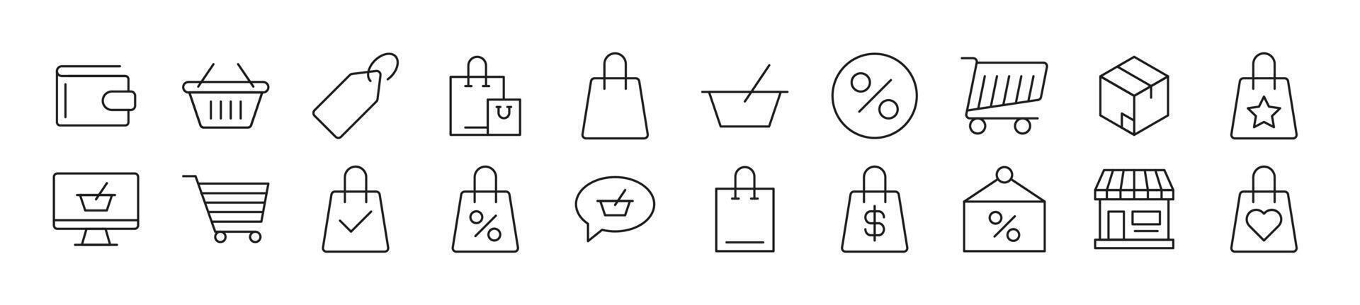 Collection of thin line icons of shop. Editable stroke. Simple linear illustration for web sites, newspapers, articles book vector