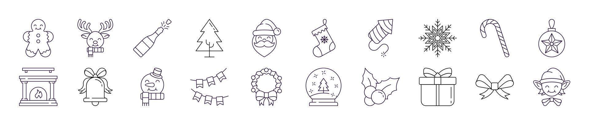 Collection of Line Icons of Christmas and New Year for Adverts. Suitable for books, stores, shops. Editable stroke in minimalistic outline style. Symbol for design vector
