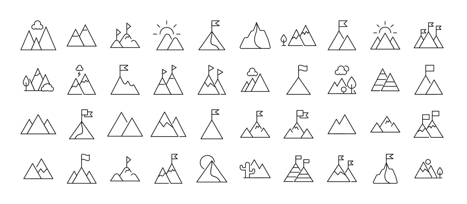 Signs of mountains as symbol of travel and hiking for Shops and Stores. Suitable for books, stores, shops. Editable stroke in minimalistic outline style. Symbol for design vector