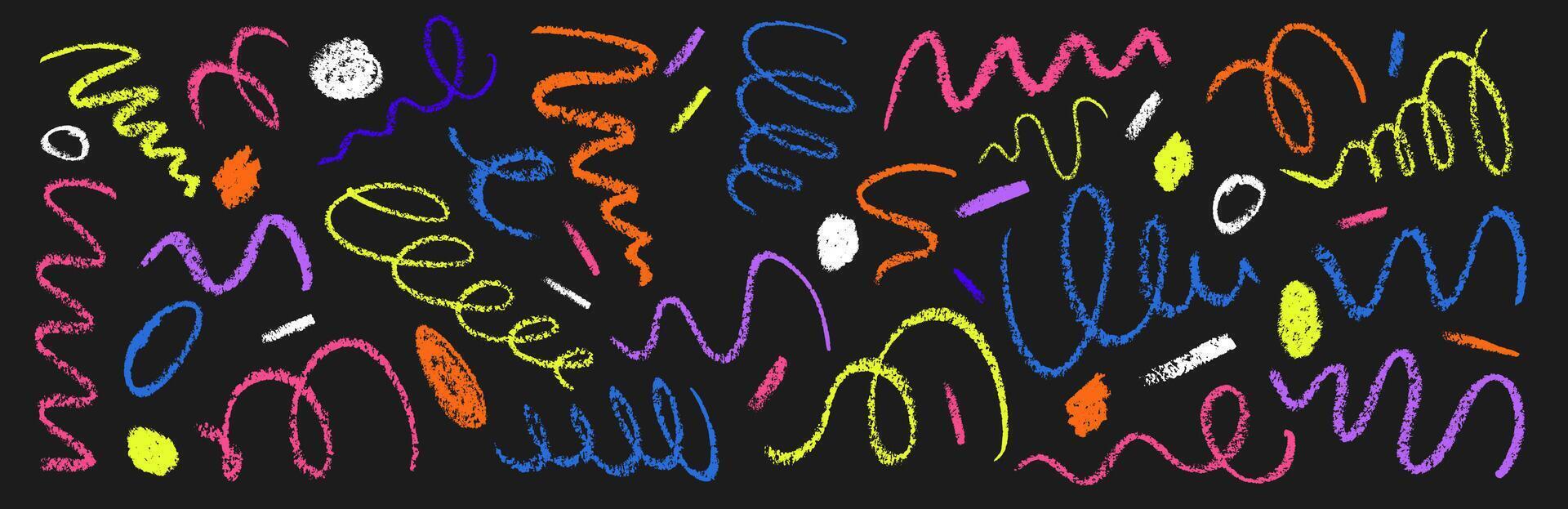 A set of confetti painted on a black background with a crayon. illustration. vector